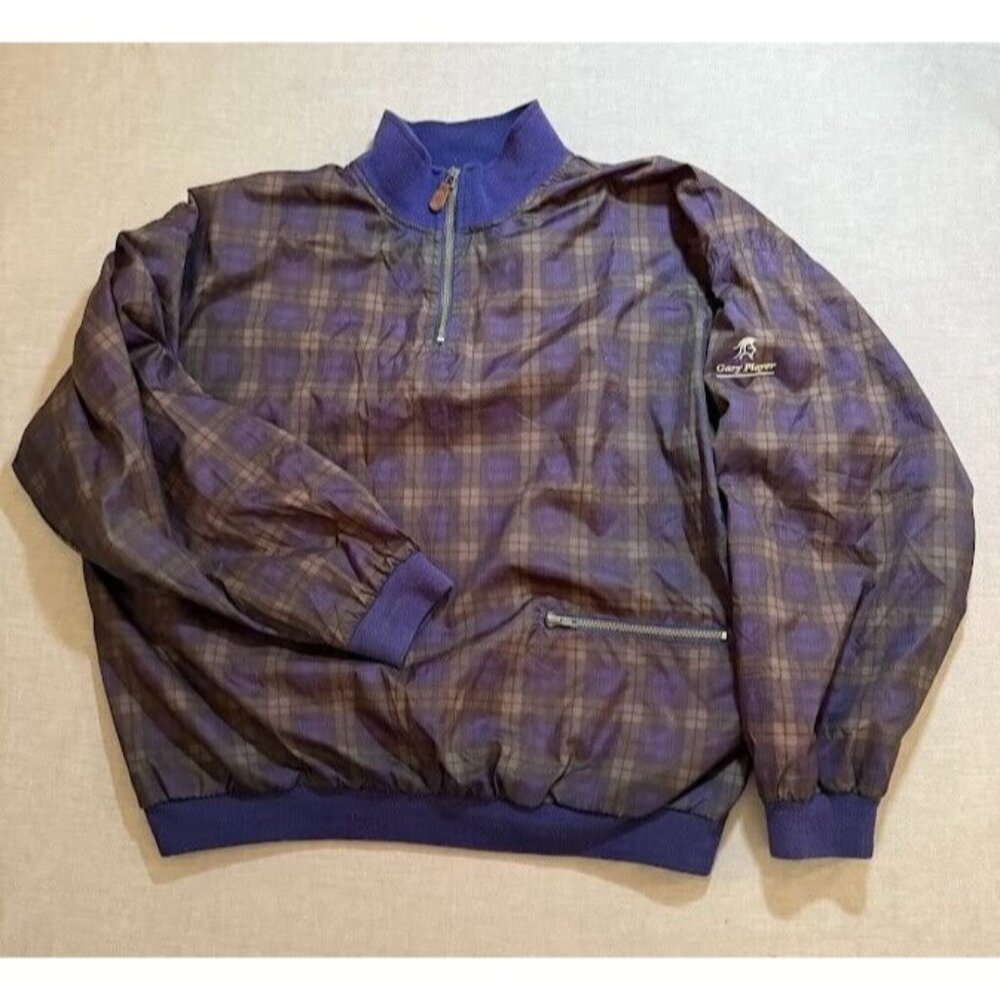 Vintage Gary Player Jacket‎ Adult XL Purple Plaid Logo 1/4 Zip Windbreaker Mens.